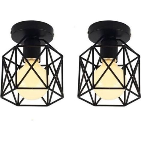 Lot de 2 Plafonnier Industrielle en Métal Cage Carré, Lustre Abat-jour Fer Luminaire E27 40W Noir pour Salon Chambre Bar (1/4)