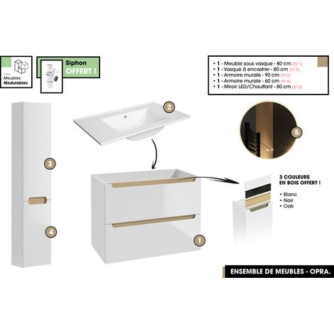 Ensemble complet de salle de bain - Meuble - Armoires - Miroir - Vasque à encastrer avec Siphon OFFERT OPRA 80 x 60 x 45 cm (1/5)