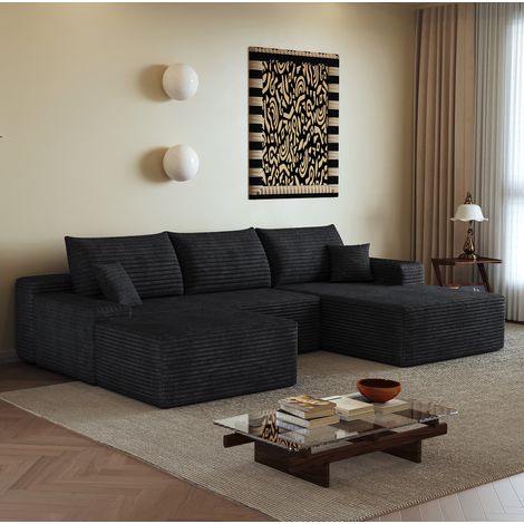 Sofá rinconero modular 270 cm negro con chaise longue reversible, tejido efecto pana, sin montaje