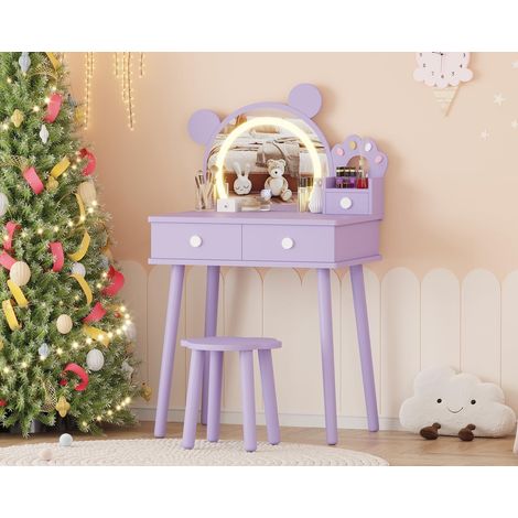 Coiffeuse pour Enfants en Bois avec Miroir Ours Lumineux LED et Tabouret - Table de Maquillage Princesse avec Tiroirs de Rangement pour Filles