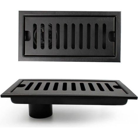 Griglia per doccia, scarico a pavimento rettangolare 20 x 10 cm, canaletta per doccia, scarico a pavimento nero con griglia in acciaio inox, adatta per WC, bagno, cucina, balcone