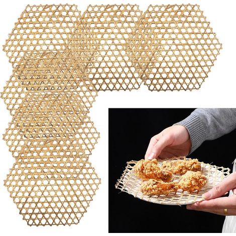 Tapis De Cuisson Vapeur Bambou Insert à La - 6 Pièces, Hexagonal, RéUtilisable, Convient pour Friture des Aliments, Décorer Les Assiettes CréAtives, Dessous Plat Soupe, Etc