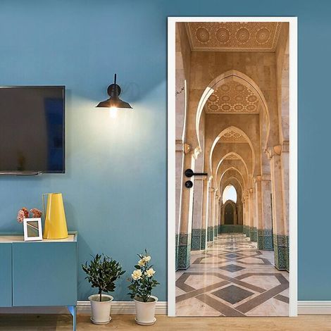 Sticker mural photo 3D 77 x 200 cm pour porte de couloir de mosquée, cave à vin, chambre ou salle de bain (1/4)