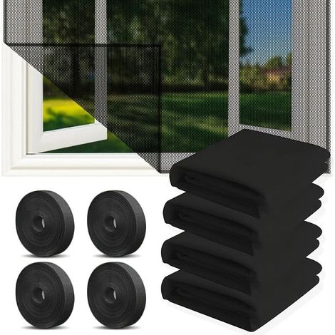 Moustiquaire de fenêtre en 4 pièces avec 4 bandes adhésives, 150x180 cm, moustiquaire auto-adhésive, facile à installer, noire. (1/5)