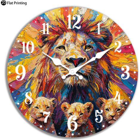 Horloge murale silencieuse en bois (30 cm), horloge analogique à quartz peinte avec un lion, convient aux bureaux et aux salons. (1/5)
