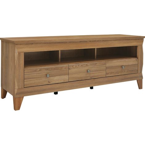 Meuble TV avec 3 tiroirs soft-close et une étagère coloris Mélèze doré - Longueur 156 x Profondeur 47 x Hauteur 64 cm (1/5)