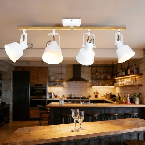 Plafonnier Industriel Spots et Rails de Spots, 4 Spots LED Orientable avec Douille E14, Luminaires Intérieur avec Base Rectangulaire en Bois, pour Cuisine Chambre Salon, Blanc (sans Ampoule) (1/5)