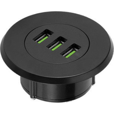 Chargeur port USB 3 prises encastrable Ø46mm 5V 3100mA câble 1,4m Secteur Recharge Discret Telephone Tablette Apparei Multimédia Bureau Maison Chambre Charge rapide, plastique noir