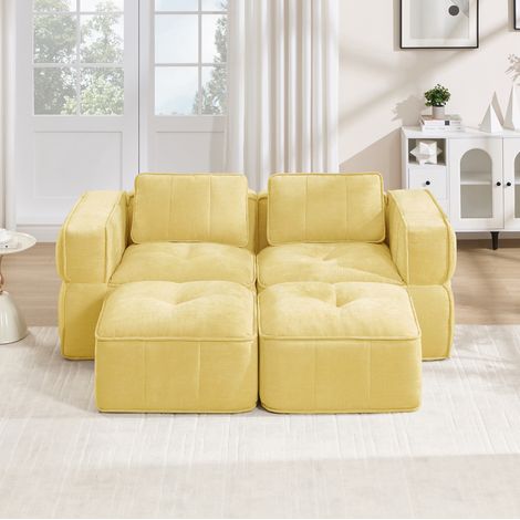 Divano modulare a 2 posti con 2 pouf, schiuma 32D, tessuto poliestere giallo HAVRYA (1/5)