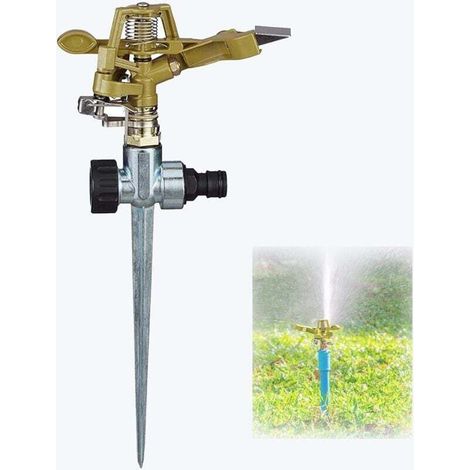 Garden sprinkler head, heavy-duty impact lawn sprinkler, 360-degree rotating adjustment with spindle, metal water sprinkler for yard, golden lawn