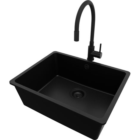 PRIMAGRAN Evier Cuisine en Granit 56x44cm, Lavabo 1 bac + Robinet 40x38cm + Kit de Vidage, Évier à Encastrer au meuble 60cm - Venise Slim Easy, Tout Noir (1/5)