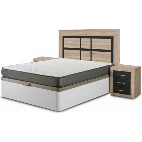 Pack Cama Canape, Blanco, 150cm + Colchón + Cabecero y 2 Mesitas de Noche, Cambria y Grafito