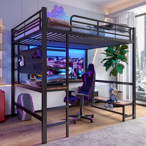 Letto a soppalco per bambini, 2 posti, 140x200 cm, con luci LED e scrivania, porte USB e Type-C, materasso non incluso, Metallo, nero (1/5)