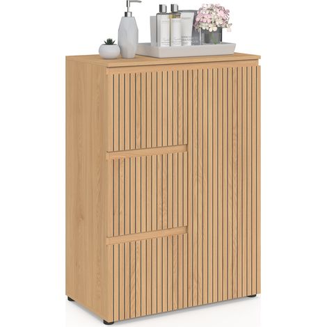 Idmarket – Meuble bas de salle de bain 3 tiroirs – Placard avec étagère intérieure – Dimensions 60 x 33 x 85 cm – Décor bois et blanc effet lattes (1/5)