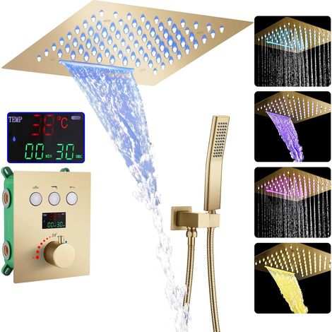 Colonne Douche Encastrable Or Brossé, LED 64 Couleurs Colonne de Douche Thermostatique avec Affichage Numérique, Ensemble Douche avec 2 Fonctionnel Pommeau de Douche (1/5)