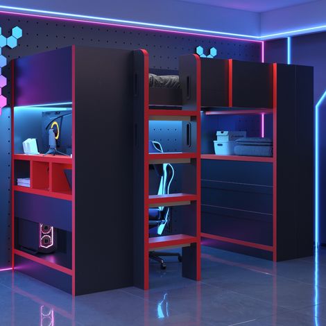 Letto a soppalco 90x200 cm con rete a doghe e scrivania - letto rialzato stile gaming per ragazzi con luci led presa penderia e scaffali in legno - nero e rosso (1/5)