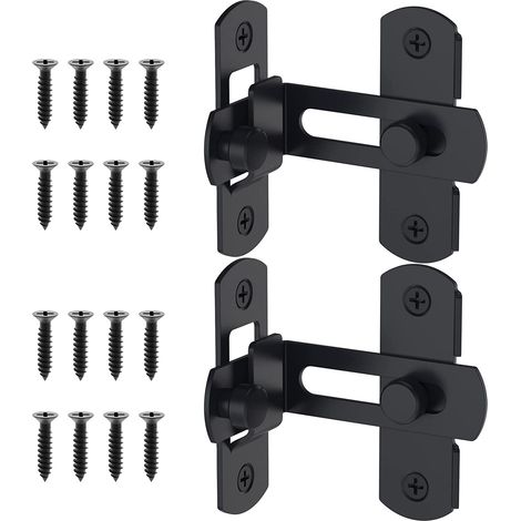 Verrou de porte coulissante à bascule à 90°, loquet à angle, butée de porte moustiquaire avec crochet et œillet, pour grange, jardin, salle de bain, extérieur, garage, fenêtre, noir - Lot de 2