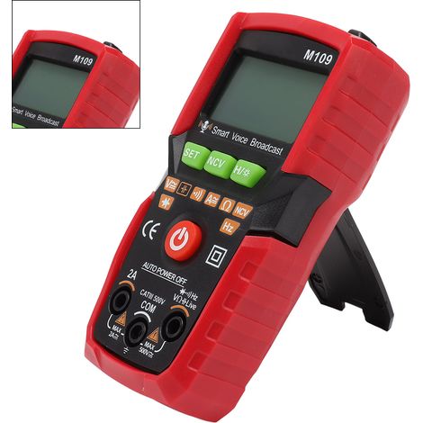 Multimètre numérique portable automatique NCV, voltmètre/ampèremètre CC/CA, avec diffusion vocale en anglais et lampe torche. Rouge. (1/5)