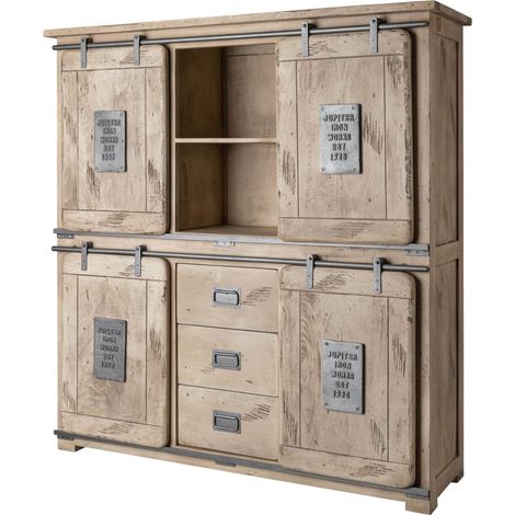Massivmoebel24 – Buffet 150x45 cm en manguier laqué blanchi – Style industriel RAILWAY – Éléments en fonte – Ambiance vintage unique