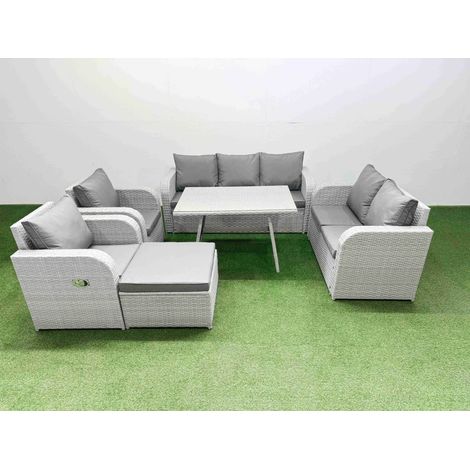 Fimous PE Rattan Garden Furniture Set Outdoor Rectangular Dining Table Sofa Set with Reclining Chair Big Stool Light Grey (1/4)