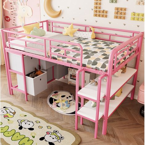 Letto a soppalco basso in metallo e MDF rosa 90x200 cm con cassetti e scaffali (1/5)