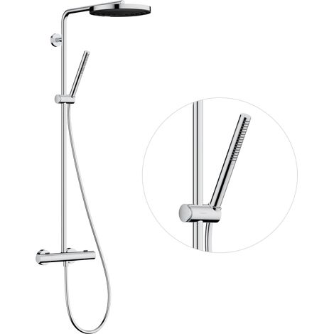 Colonne de douche économie d'eau avec mitigeur thermostatique, douche pluie (260mm), douchette, flexible douche, barre et douche de tête ronde, Chromé, 24223000 (1/5)