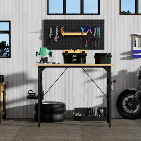 Banco de trabajo 120x60x155,5 cm de madera y hierro negro y natural con almacenaje FloraGrace (1/5)