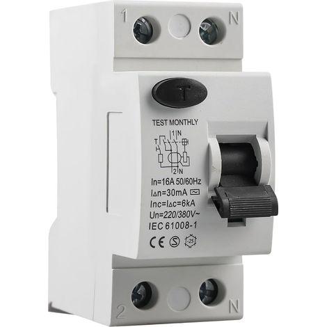 Disjoncteur Fi 16 A, AC 230 V 30 mA C16 1P+N Fi Interrupteur 2 pôles, Disjoncteur automatique 16 A, Disjoncteur différentiel, avec protection contre les fuites et les surcharges (1/5)