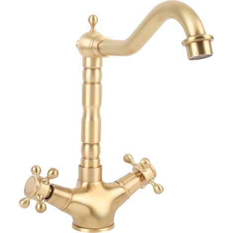 Rubinetto per lavabo corto in ottone con doppia maniglia girevole, per acqua calda e fredda, ideale per cucina e bagno. (1/5)