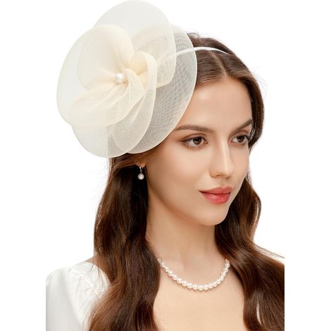 Chapeau bibi pour femme JeiibrZui - Bandeau floral en maille avec pince - Beige - Accessoire idéal pour les mariages, les courses hippiques et les cocktails - Style vintage élégant (1/5)