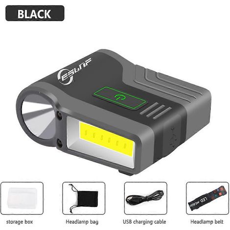 Lampe frontale étanche à LED COB avec capteur inductif et fixation par clip, idéale pour le sport, la chasse et la pêche en extérieur, ainsi que pour les travaux de nuit.