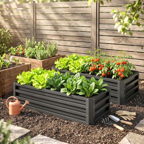 Lot de 2 bacs de jardin surélevés en métal, à fond ouvert, pour jardin ou balcon, 110 x 50 x 30 cm, gris foncé (1/5)