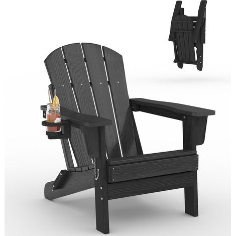 Chaise Adirondack Pliante en HDPE Effet Bois avec Porte-Gobelet, Résistante aux Intempéries pour Terrasse, Jardin et Balcon, Noir (1/5)