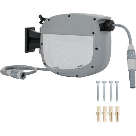 Enrouleur de tuyau rétractable de 10+1 mètres avec buse à double mode, verrouillage automatique et fonction de rétraction contrôlée, support gris. (1/5)