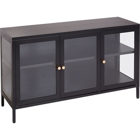 Aparador de metal negro ajustable con 3 puertas y vitrina estilo moderno Newport