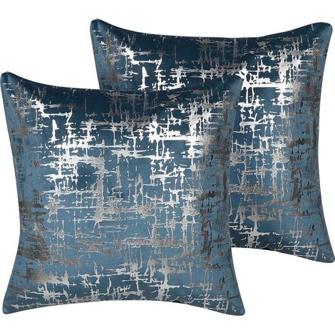 Set di 2 cuscini Decorativi Velluto Blu Argento 45 x 45 cm Decor Gardenia