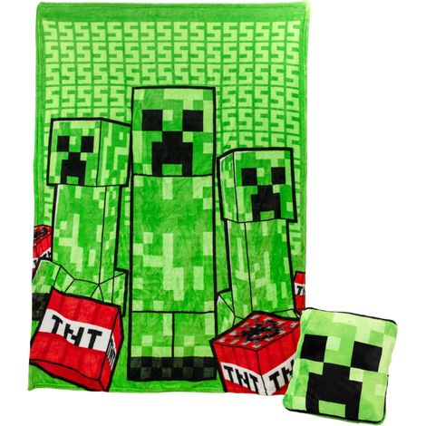 Minecraft Paladone Creeper - Coperta con cuscino 2 in 1, con licenza ufficiale, coperta da viaggio Microsoft, pieghevole, morbida e soffice, design compatto per soggiorno o camera da letto (1/5)