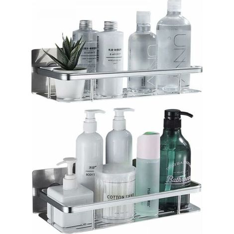 2PCS No Drilling Aluminum Shower Caddy Silver Rustproof Bathroom Storage Self Adhesive Bathroom Shelves No Drilling Shower Caddy with 4 Hooks (1/2)