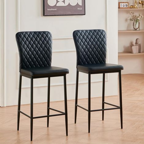 AINPECCA Bar Stools Set 2 PU Black Breakfast Bar Chairs High Counter Kitchen Island Black Metal Legs Footrest Base Dining Room Home Modern (Pu Black,2)
