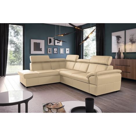 Canapé d'angle convertible en cuir italien de luxe 5/6 places TONY, avec coffre, beige, angle gauche (1/5)