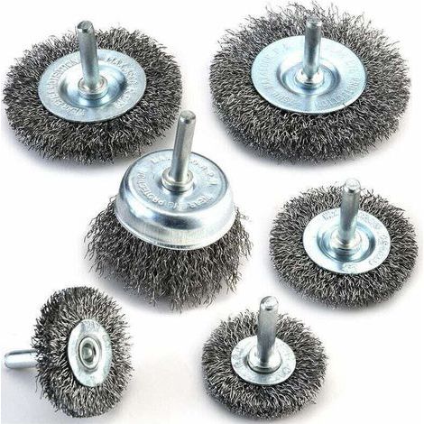 [NEVER USED] Set of 6 wire brushes for drills - 0.012 mm bore - Carbon steel - For cleaning rust, stripping and abrasives, for drills, (1/4)