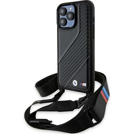 Coque rigide noire BMW BMHCP15X23PSCCK pour iPhone 15 Pro Max 6,7" Édition M avec bande carbone et dragonne