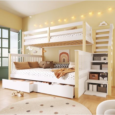 Litera infantil 254x145x150 cm blanca y natural de pino con cajones y escalera (1/5)