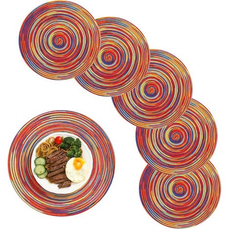 Lot de 6 sets de table ronds en coton lavable, tressés et tissés, motif arc-en-ciel, 38 x 38 cm. (1/5)