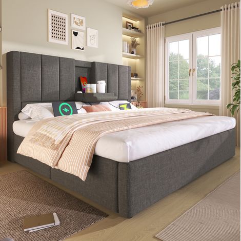 Lit coffre 140x190 cm avec port USB, prise Type-C et porte-gobelet gris HAVRYA (1/5)