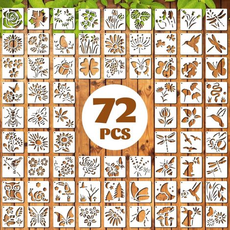 Lot de 72 pochoirs réutilisables en plastique pour peinture sur bois, fleur, 7,6 x 7,6 cm (plante et papillon), papillon, oiseau, abeille (1/5)