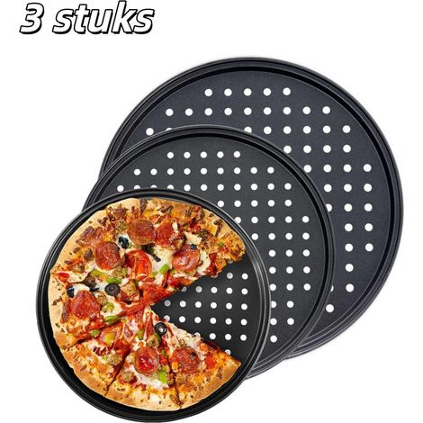 3 pièces moule à pizza plaque de cuisson moule à pizza en acier au carbone avec trous adapté pour four maison cuisine et restaurant 24 cm 28 cm 32 cm couleur noire (1/5)