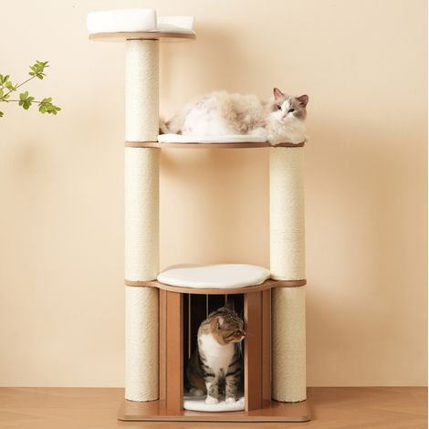 Albero tiragraffi per gatti 135 cm, tronchi da 12 cm, 3 piattaforme, casetta, anti-ribaltamento (1/5)