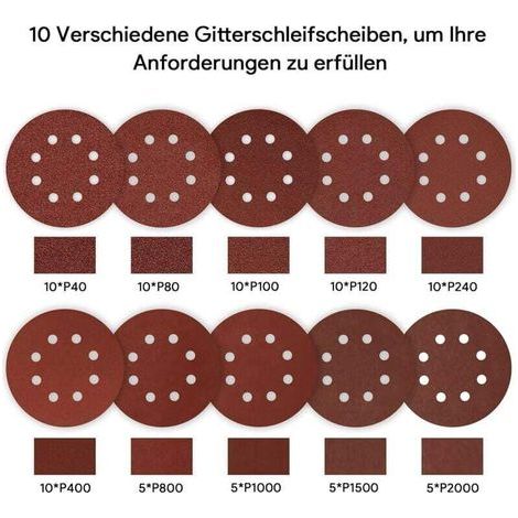 Disque de Ponçage, 80 Pièces Disque a Poncer 125mm Papier Ponceuse Disque Abrasif pour Ponceuse Excentrique 10 x P40 / P80 / P100 / P120 / P240 / P400, 5 x P800 / P1000 / P1500 / P2000 8 Trous (1/3)