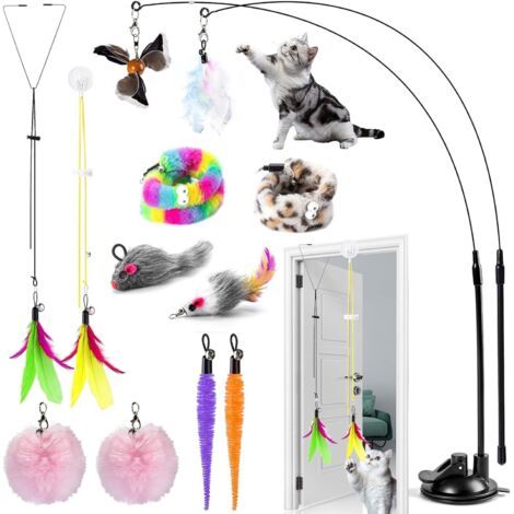Interieur Jouet pour Chat avec Ventouse, 12pcs Canne à Pêche pour Chat avec Plume, Jouet Cha t Ventouse avec Cloche, Jou et à Plumes avec Cloche, Jou et pour Cha t Suspendu pour Petits et Grands Cha t (1/5)